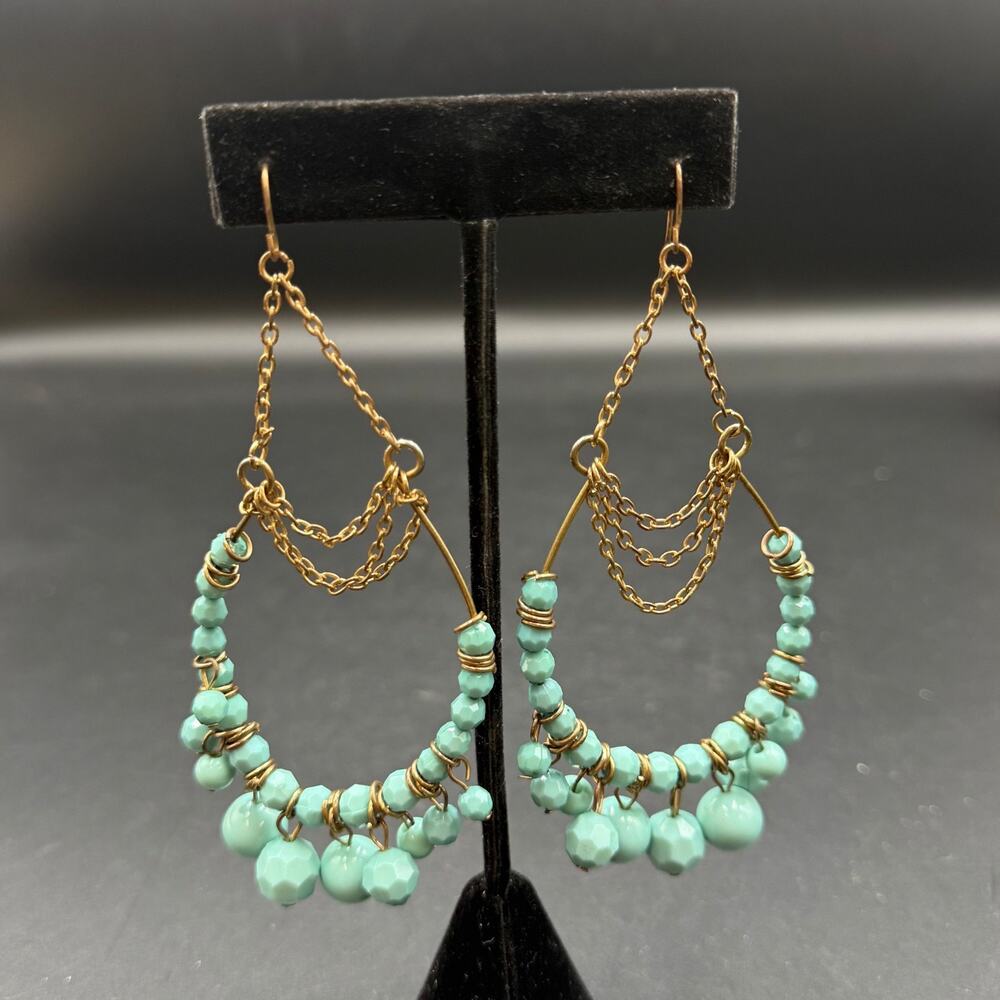 Vintage Beaded Turquoise Earrings Gold Tone Chain Teardrop Dangle